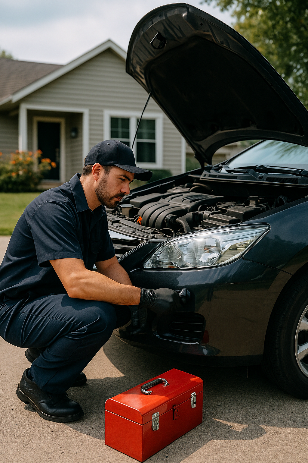 Our mechanic working under the hood of a car
